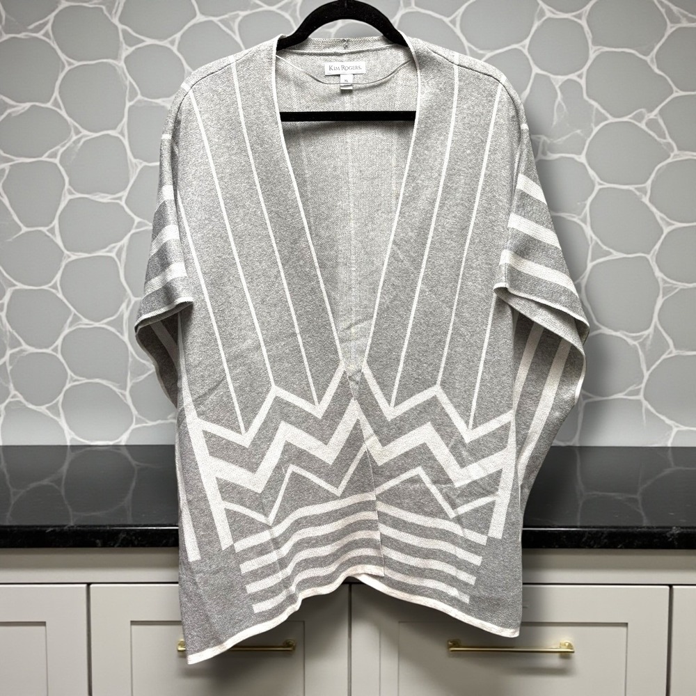 Kim Rogers Womens Grey White Geometric Cotton Knit Open Front Poncho Sweater XL